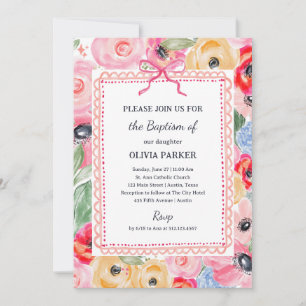 Invitación Bautizo Floral Caprichoso Flores y Lazo Coloridos