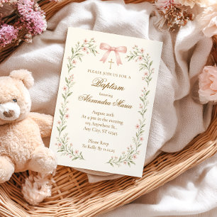 Invitación Bautizo floral con lazo rayado de rubor