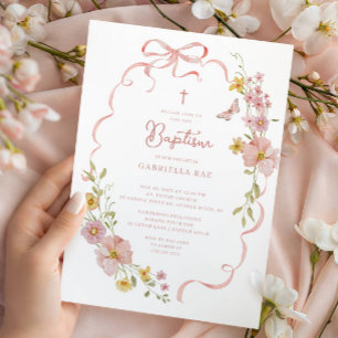 Invitación Bautizo Floral con Lazo Rosado