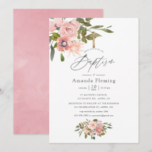 Invitación Bautizo floral de acuarela rosa y oro rosa