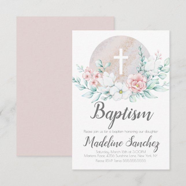 Invitación Bautizo floral de bebé de primavera en acuarela De (Anverso / Reverso)