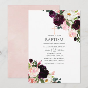 Invitación Bautizo floral de ciruela borgoña y rosa rubor