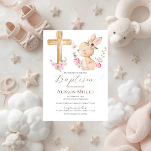 Invitación Bautizo floral de conejito y rosa