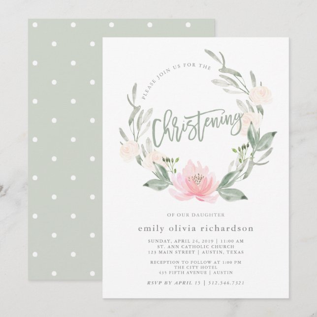 Invitación Bautizo floral de la acuarela de la guirnalda el | (Anverso / Reverso)