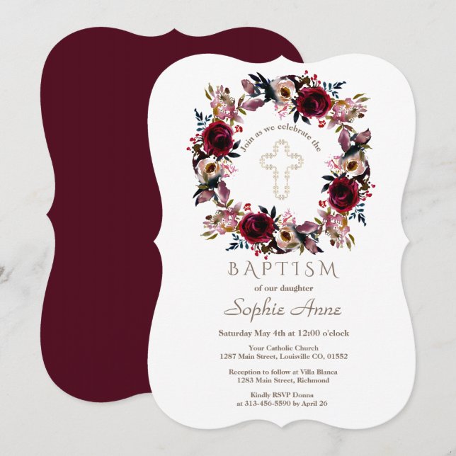 Invitación Bautizo Floral de Marsala y Melocotón de Borgoña (Anverso / Reverso)