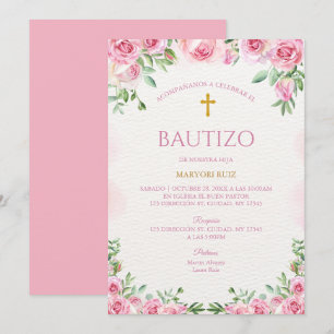 Invitación Bautizo floral de rosa en acuarela