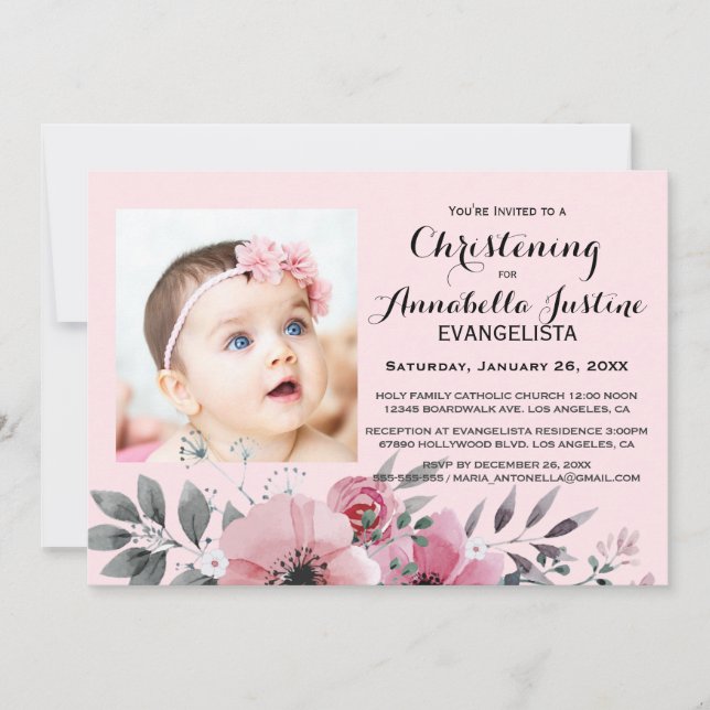 Invitación Bautizo floral de rosa suave EVENTO Elegante (Anverso)