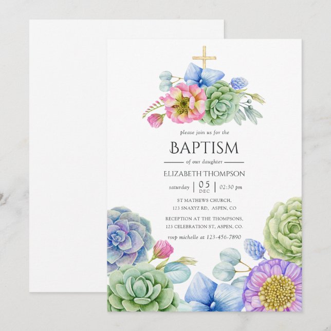 Invitación Bautizo floral de suculentas de moda (Anverso / Reverso)