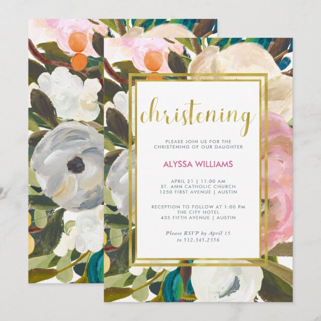 Invitación Bautizo floral delicado de la acuarela el | (Anverso / Reverso)