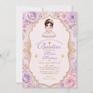 Invitación Bautizo Floral Lavanda con Dorado para
