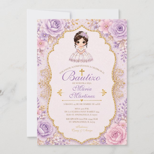 Invitación Bautizo Floral Lavanda con Dorado para  (Anverso)