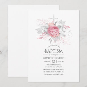 Invitación Bautizo floral plateado e irisado y rosa