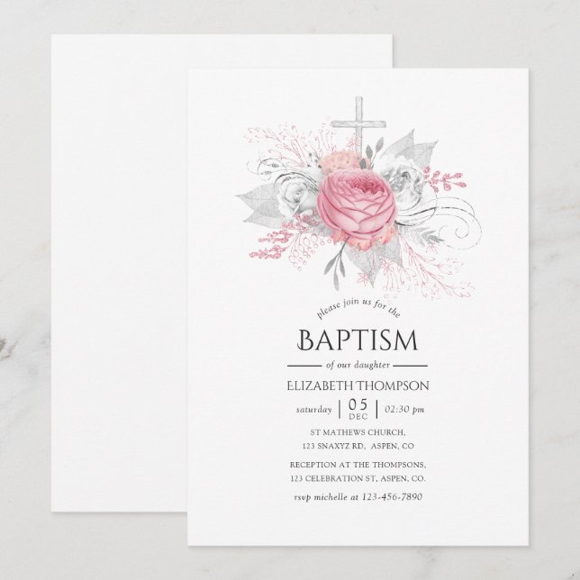Invitación Bautizo floral plateado e irisado y rosa (Anverso / Reverso)