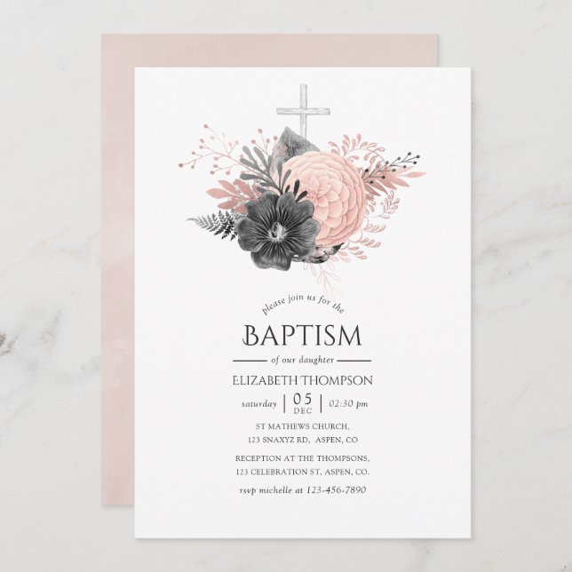 Invitación Bautizo floral rosa pastel y carbón (Anverso / Reverso)