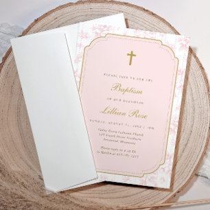 Invitación Bautizo Floral Rosa Vintage de Niña Toile