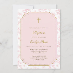 Invitación Bautizo Floral Rosa Vintage de Niña Toile