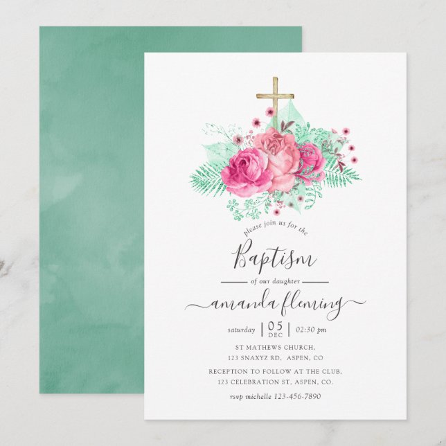 Invitación Bautizo floral rosa y menta (Anverso / Reverso)