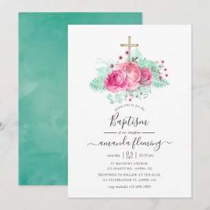 Invitación Bautizo floral rosa y menta