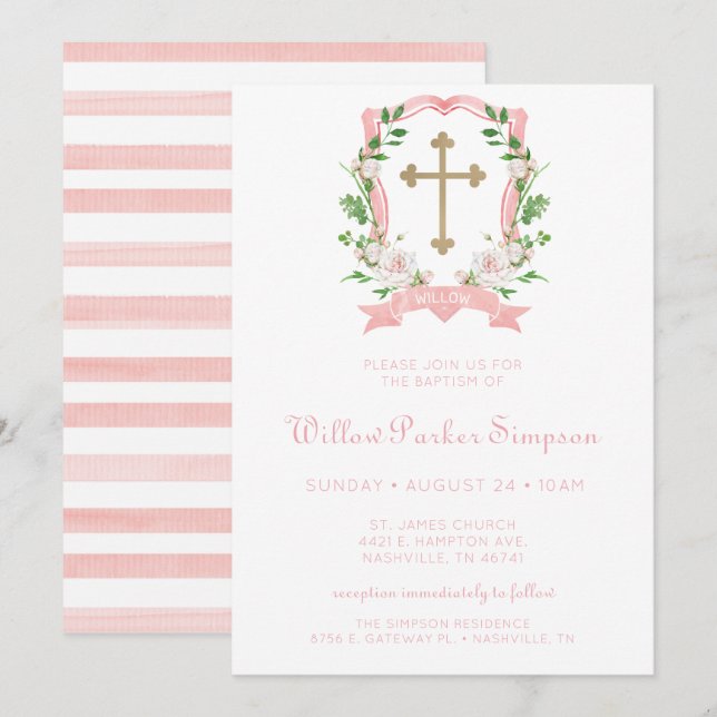 Invitación Bautizo Floral Rosado  (Anverso / Reverso)