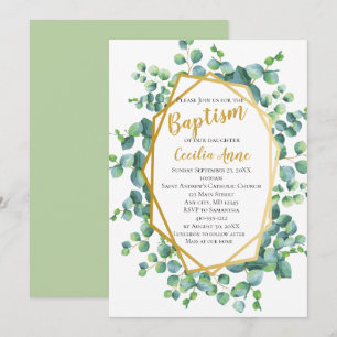 Invitación Bautizo floral verde de eucalipto y marco dorado