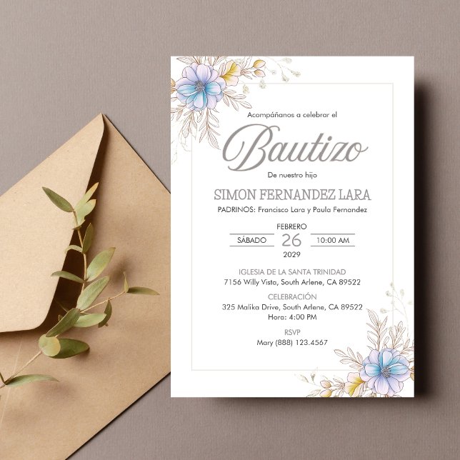 Invitación Bautizo Flores azules españolas bautizo bautismo (Subido por el creador)