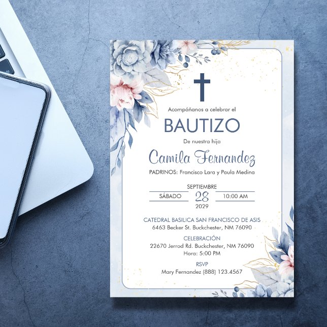 Invitación Bautizo Flores Azules Religiosas Bautis (Subido por el creador)
