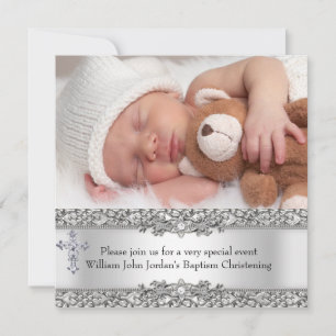 Invitación Bautizo Foto Cruz de Encaje de Plata Niño Niña