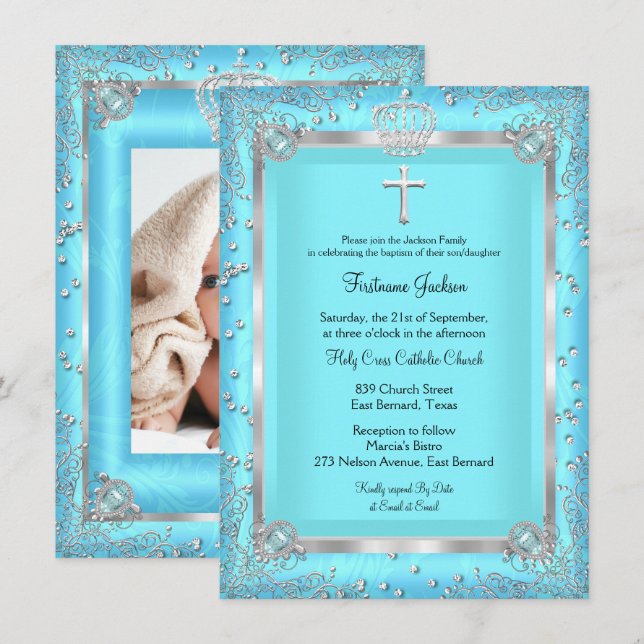 Invitación Bautizo Foto Destello Azul Verde (Anverso / Reverso)