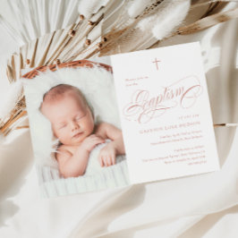 Invitación Bautizo Foto Niñas Rosa Polvo Caligrafía Elegante