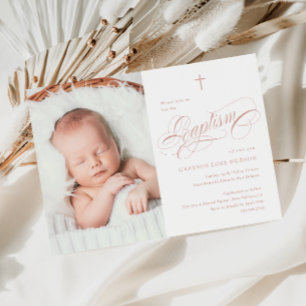 Invitación Bautizo Foto Niñas Rosa Polvo Caligrafía Elegante