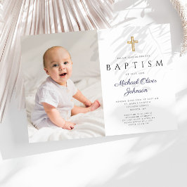 Invitación Bautizo Foto Niño Cruz Escritura Azul Marino
