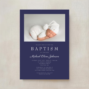 Invitación Bautizo Foto Niño Moderno Azul Marino