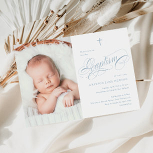 Invitación Bautizo Foto Niños Azul Polvoriento Caligrafía Ele