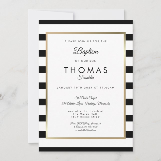Invitación Bautizo Franja Moderna Negro Blanco (Anverso)