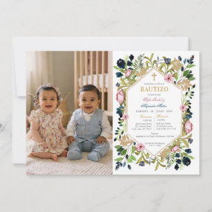 Invitación Bautizo Gemelos Niño y Niña Flores Rosas Azules 
