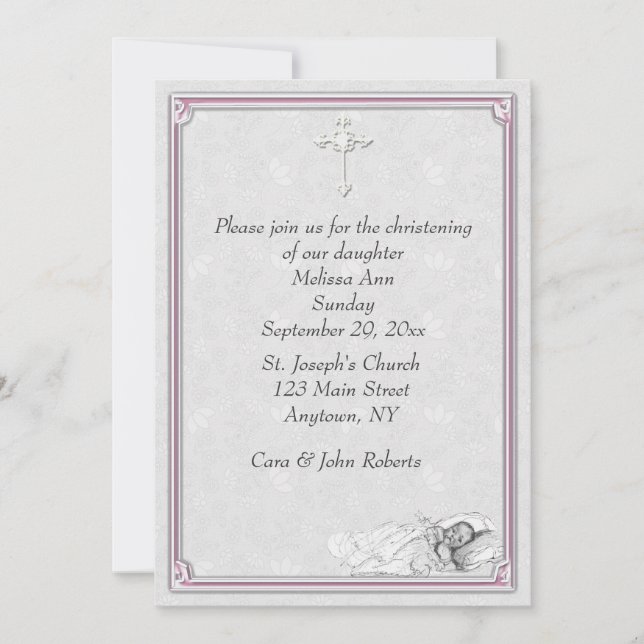 Invitación Bautizo gris rosado del bautismo (Anverso)