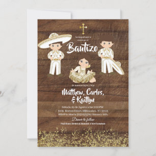 Invitación Bautizo Hermano Charro Dorado Cactus Mexicano Rúst