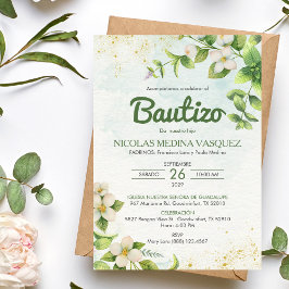 Invitación Bautizo Hojas verdes y bautismo de flores