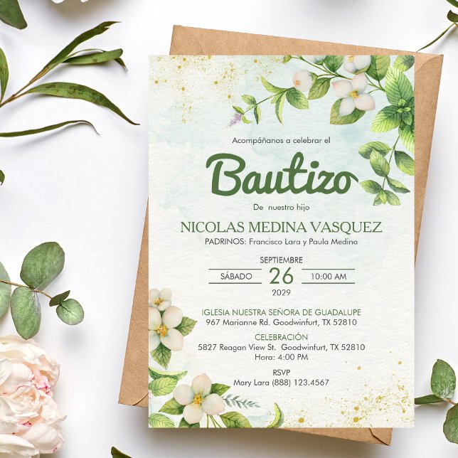Invitación Bautizo Hojas verdes y bautismo de flores (Subido por el creador)