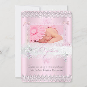 Invitación Bautizo Lindo Rosa Encaje Foto Mariposa Niña