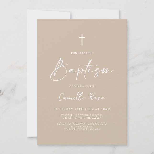 Invitación Bautizo Minimalista Beige Neutro (Anverso)