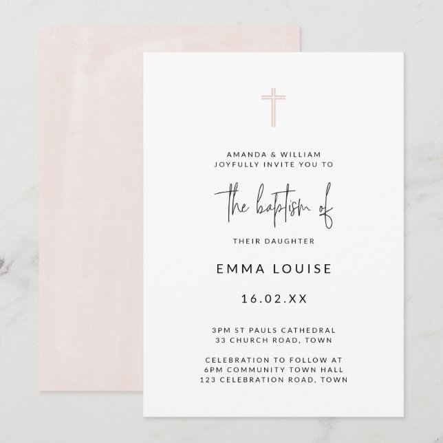 Invitación Bautizo Minimalista Moderno Acuarela Escrito a Man (Anverso / Reverso)