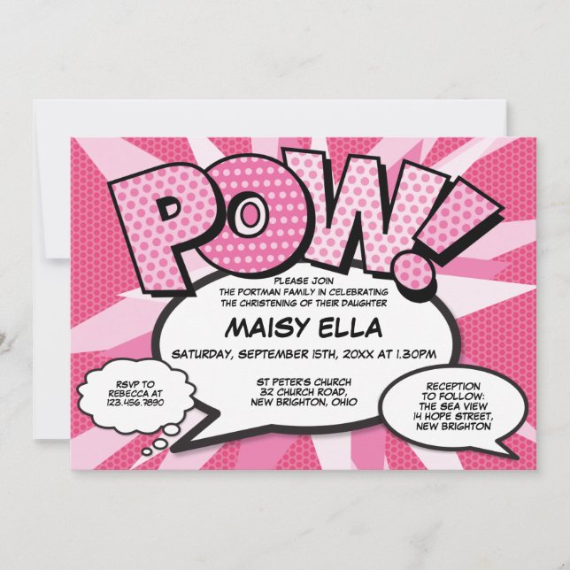 Invitación Bautizo Modernización Libro Cómic Rosa (Anverso)