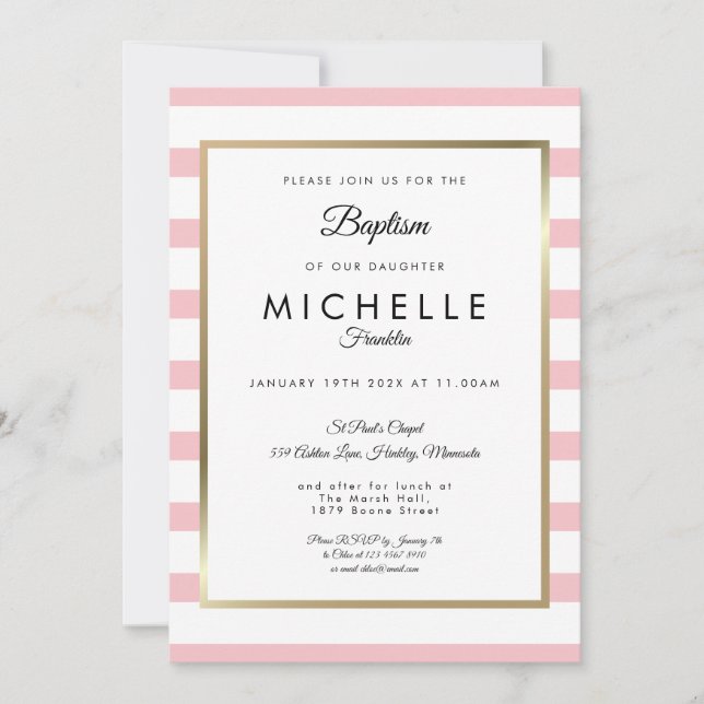 Invitación Bautizo Moderno de Rayas Rosadas (Anverso)