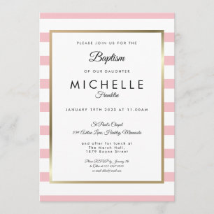 Invitación Bautizo Moderno de Rayas Rosadas