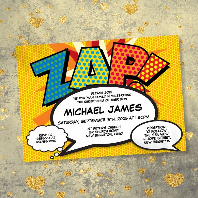 Invitación Bautizo Moderno Diversión Libro Cómic ZAP  (Modern Baptism Christening Fun Comic Book ZAP Invitation)