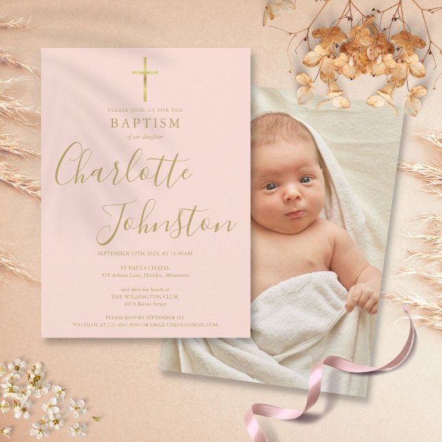 Invitación Bautizo moderno dorado rosa Foto (Modern Baptism Christening Gold Blush Pink Photo Invitation)