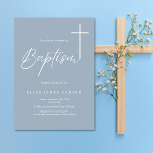 Invitación Bautizo Moderno Elegante Niño Bebé Azul Polvo