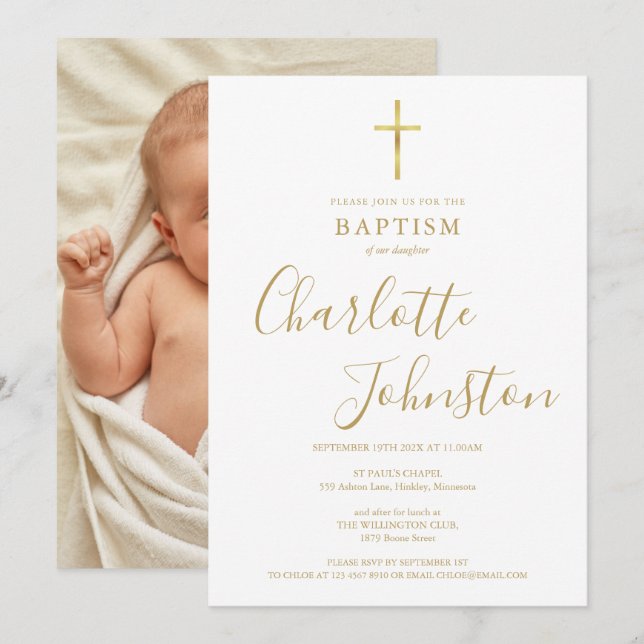 Invitación Bautizo Moderno Firma Dorada Foto (Anverso / Reverso)
