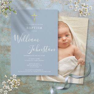 Invitación Bautizo Moderno Polvoriento Foto Azul